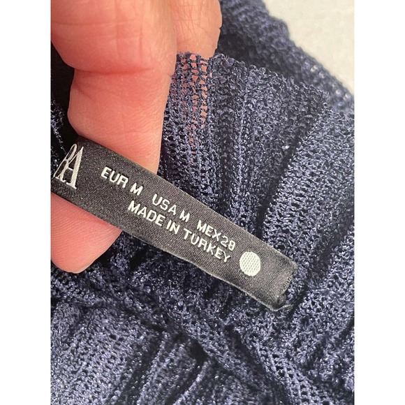 Zara Size M Accordion Pleated Bell Sleeve Blouse Ruffle High Neck Sheer Blue - Picture 8 of 8